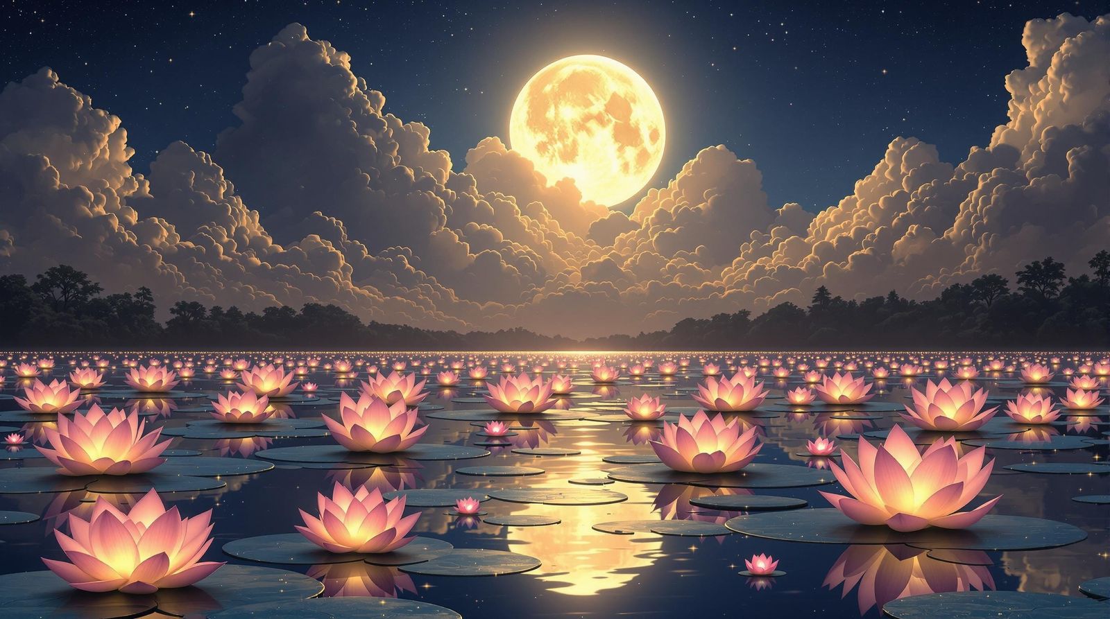 Moonlit Lotus Blooms on Enchanted Lake