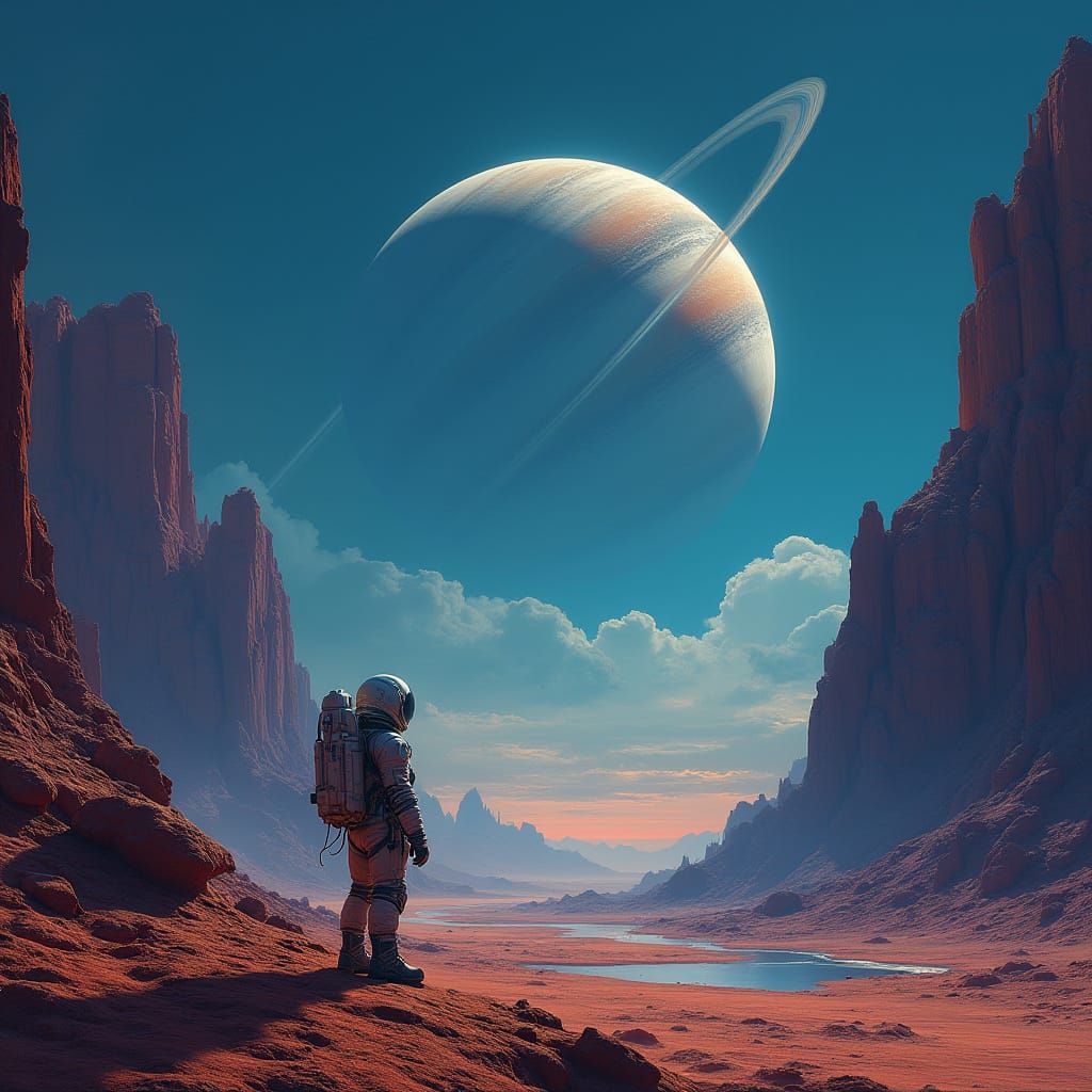 Astronaut on Alien Planet Gazing at Ringed Planet