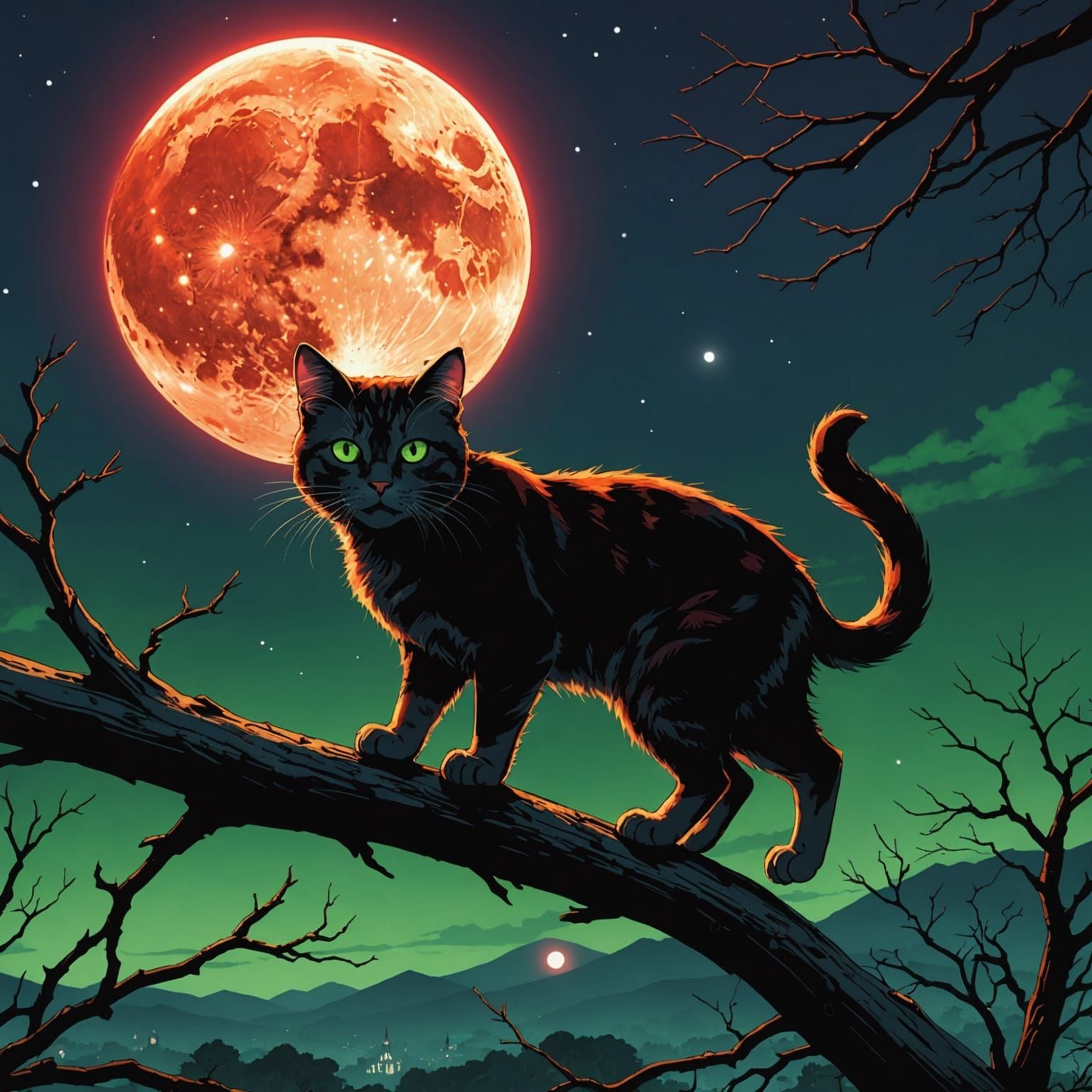 Green Eyed Cat Walking Under Blood Moon