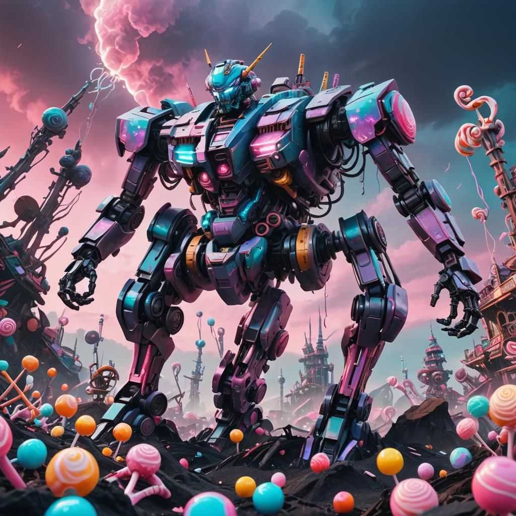 Surreal Candy and Bones Landscape with Mecha Hybrid
