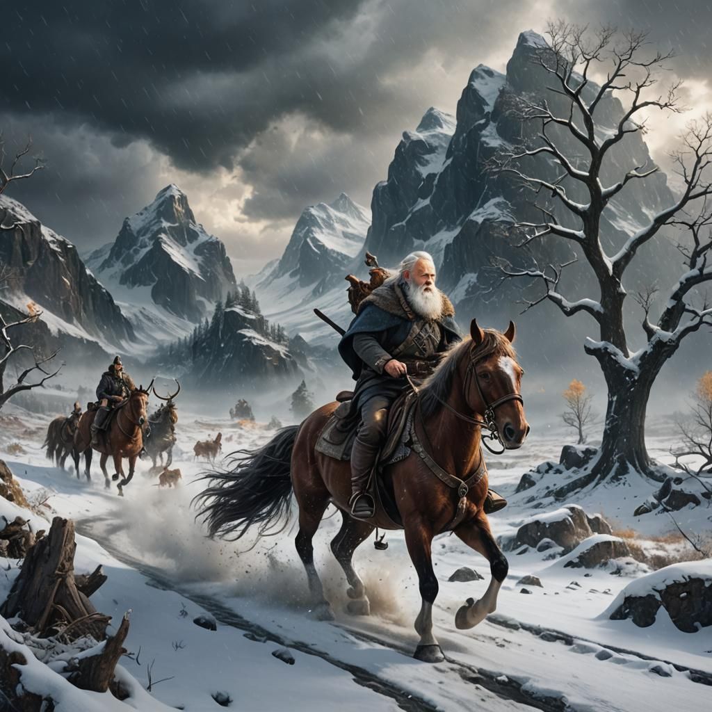 Majestic Old Man Hunting on Horse in Snowy Land