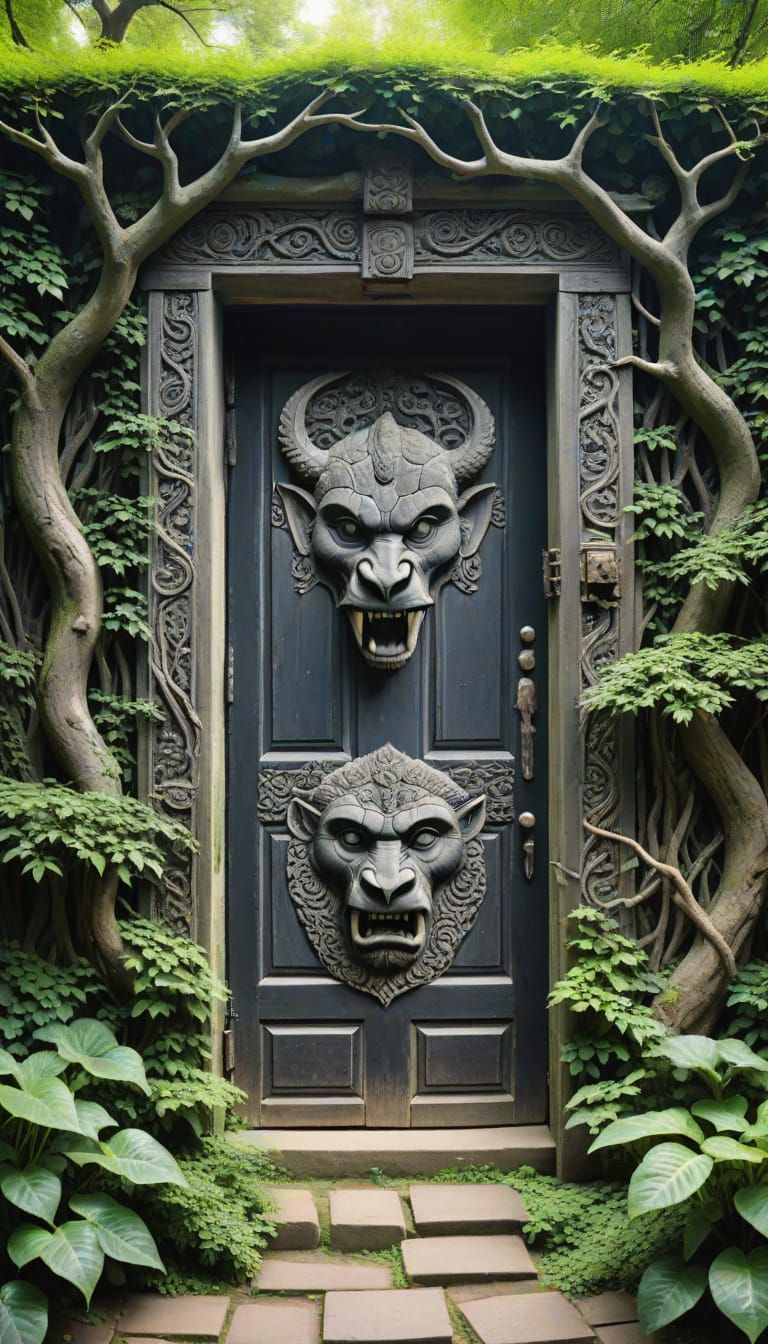 Mystical Garden Entrance in a Weathered Wooden Door