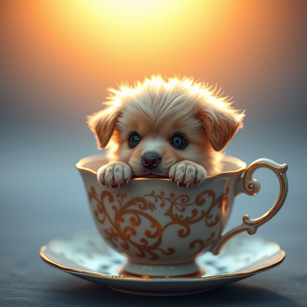 Puppy in Teacup at Dawn: Photorealistic Fantasy Art