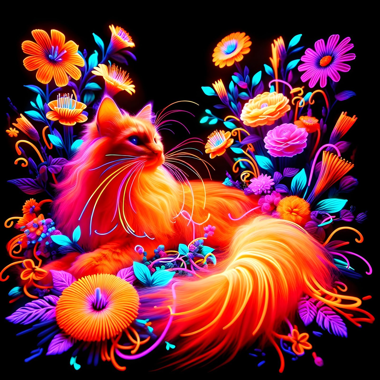 Radiant Feline Amidst Neon Bloom