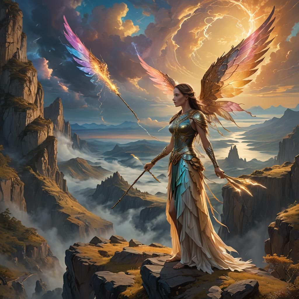 Ethereal Woman with Staff: Fantasy Art Deco Illustration