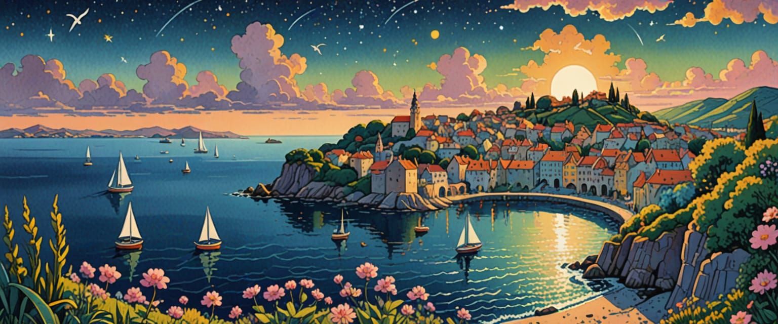 Naive Folk Art Sea View with Geometric Elements