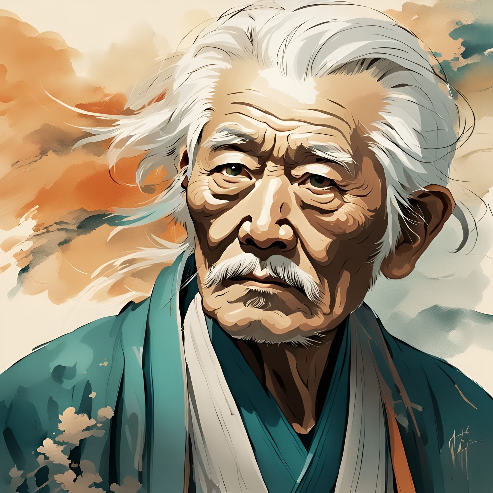 Sumi-e Style Japanese Old Man Portrait