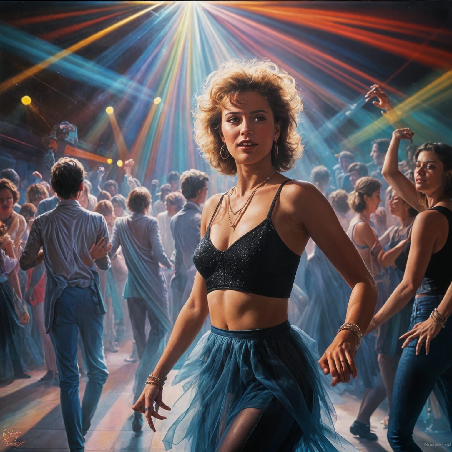 Woman Dancing in 1980s Nightclub with Encaustic Style