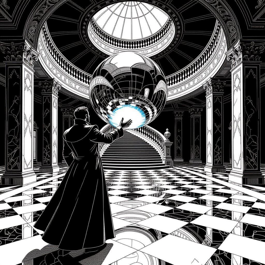 Man Holds Reflective Orb in Crosshatch Black & White Hallway