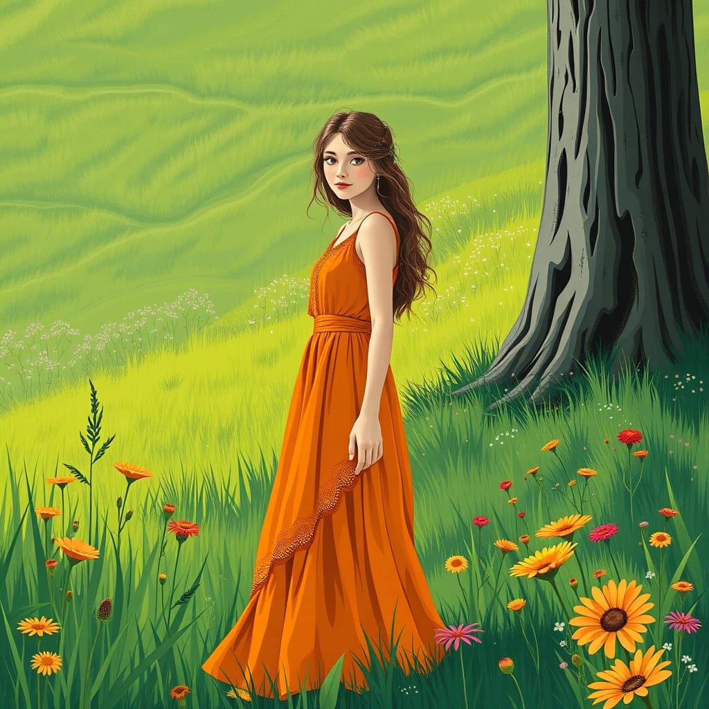 Woman in Orange Dress in Lush Meadow, Digital Art