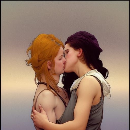 Passionate Lesbian Kiss in Hyperdetailed Splash Art