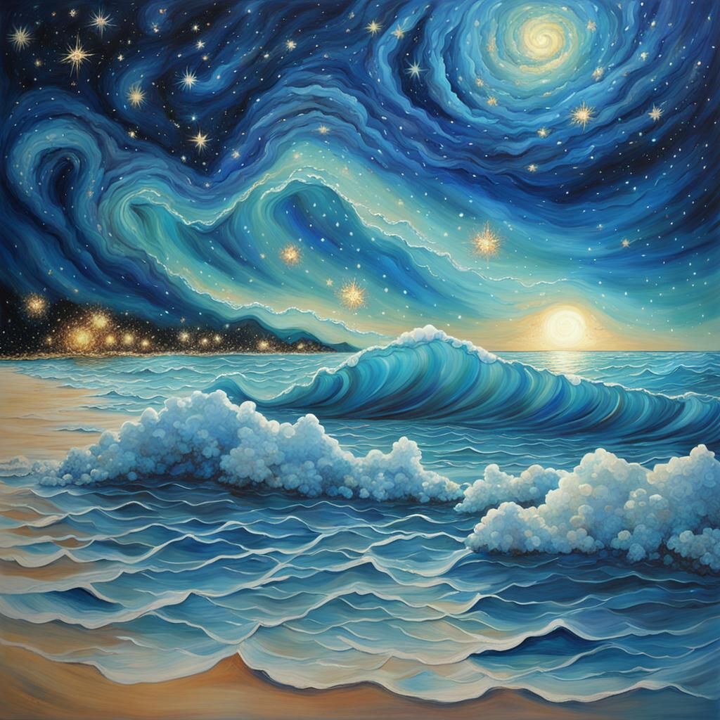 Dramatic Ocean Storm with Giant Waves and Starry Sky