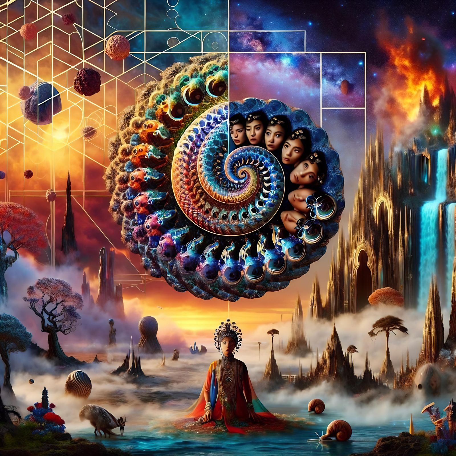 Dreamscape Portrait: Multi-Headed Woman in Fibonacci Sequenc...