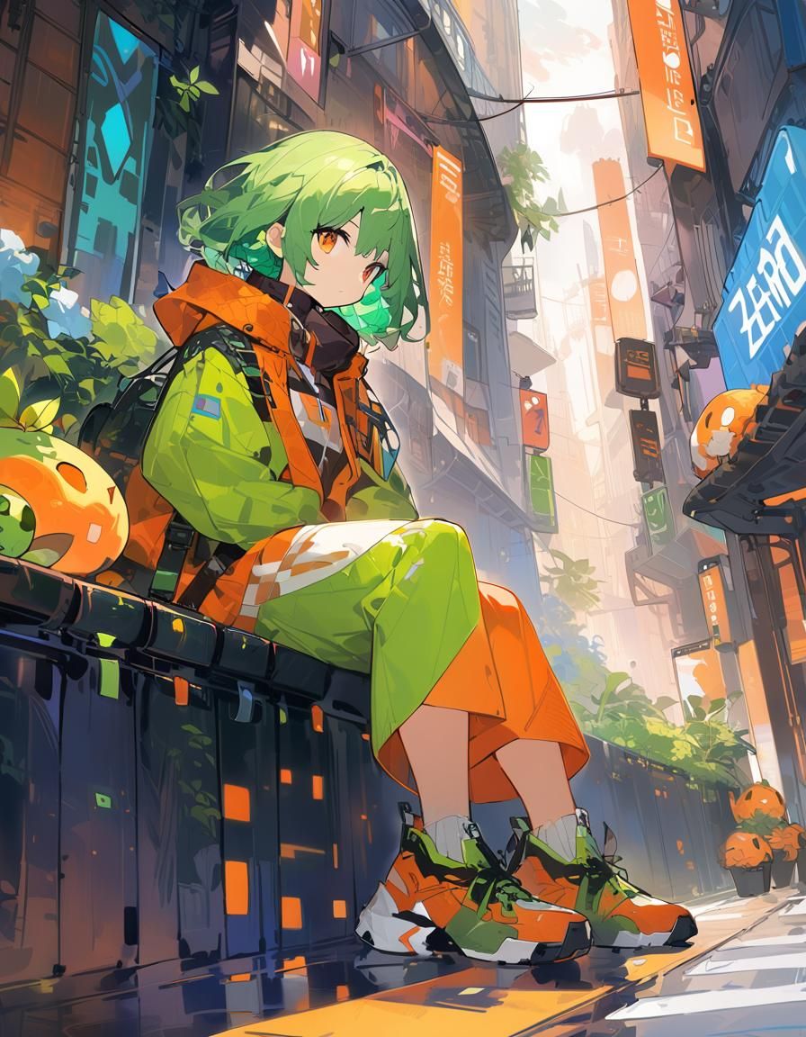 Retrofuturistic Street Fashion Girl in Sunset