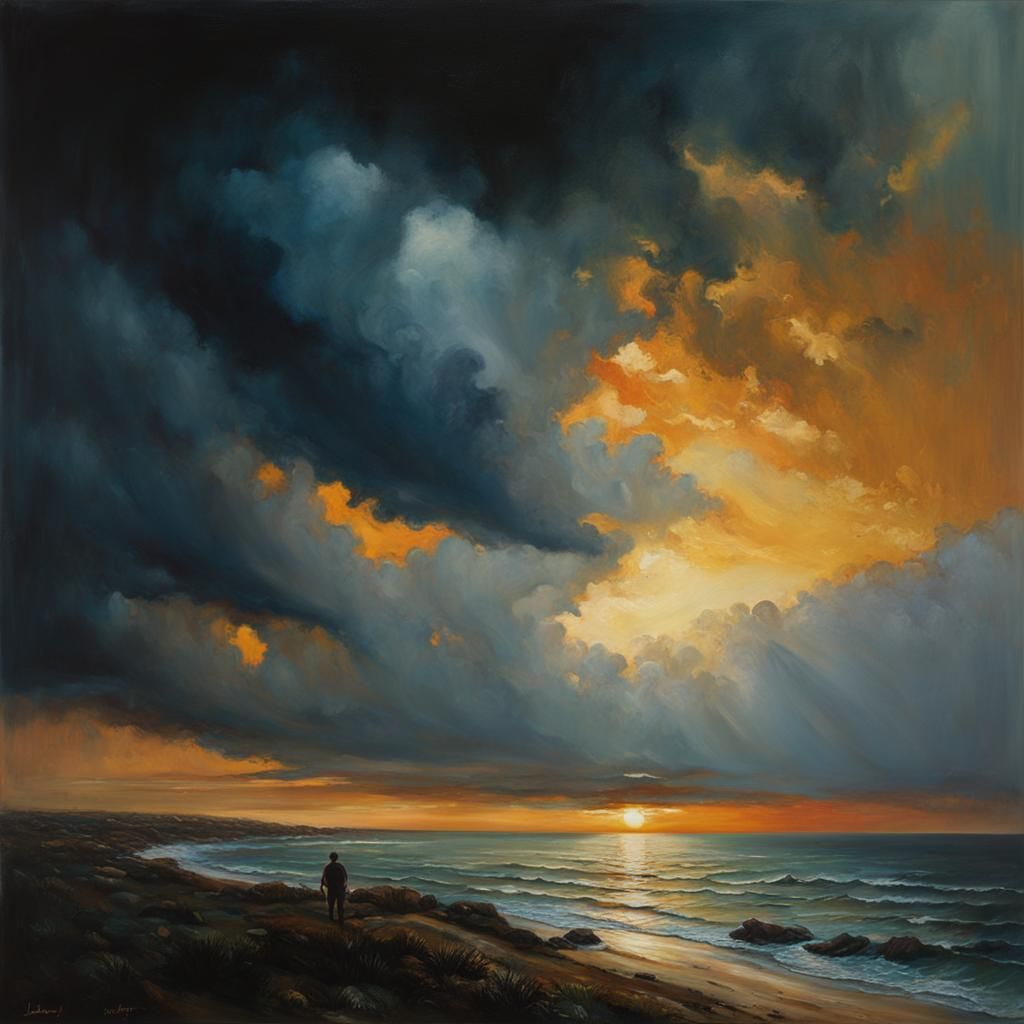 Dramatic Seaside Sunset in Oil Painting Style