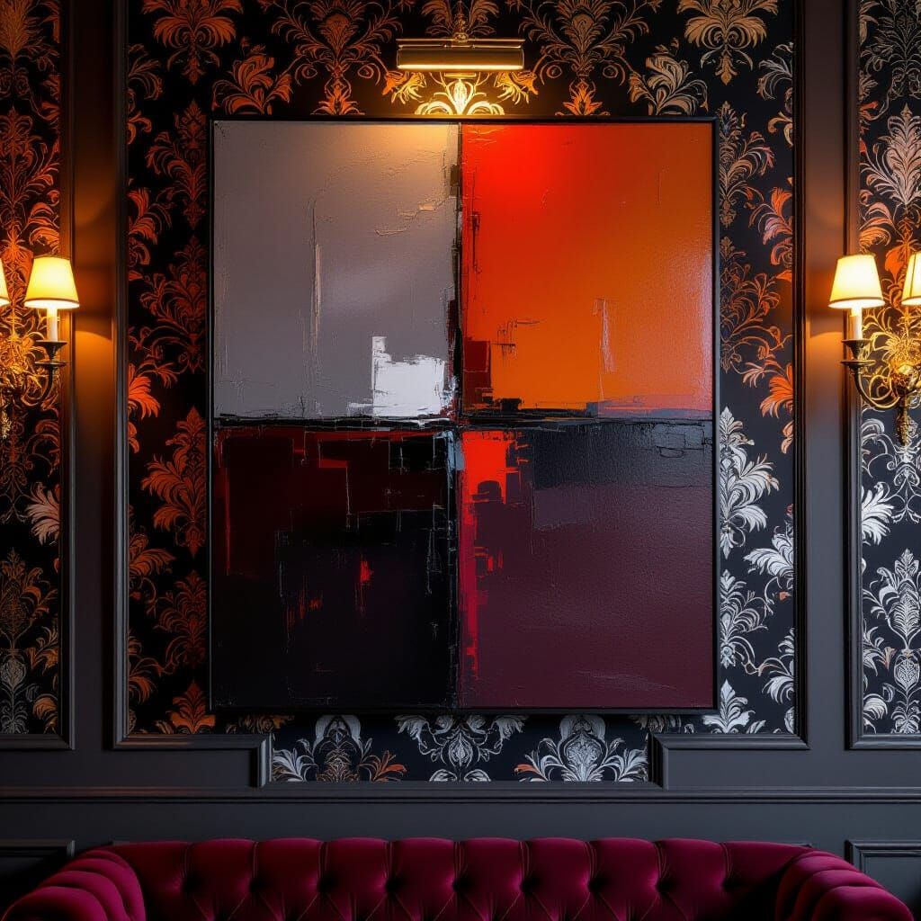 Abstract Expressionist Painting in Grey, Maroon, and Orange