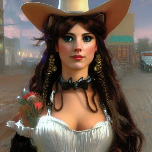 With kitty ears ... Portrait of beautiful cat! as saloon girl cat! Saloon kitty, smiling, inside saloon, wild west villa...