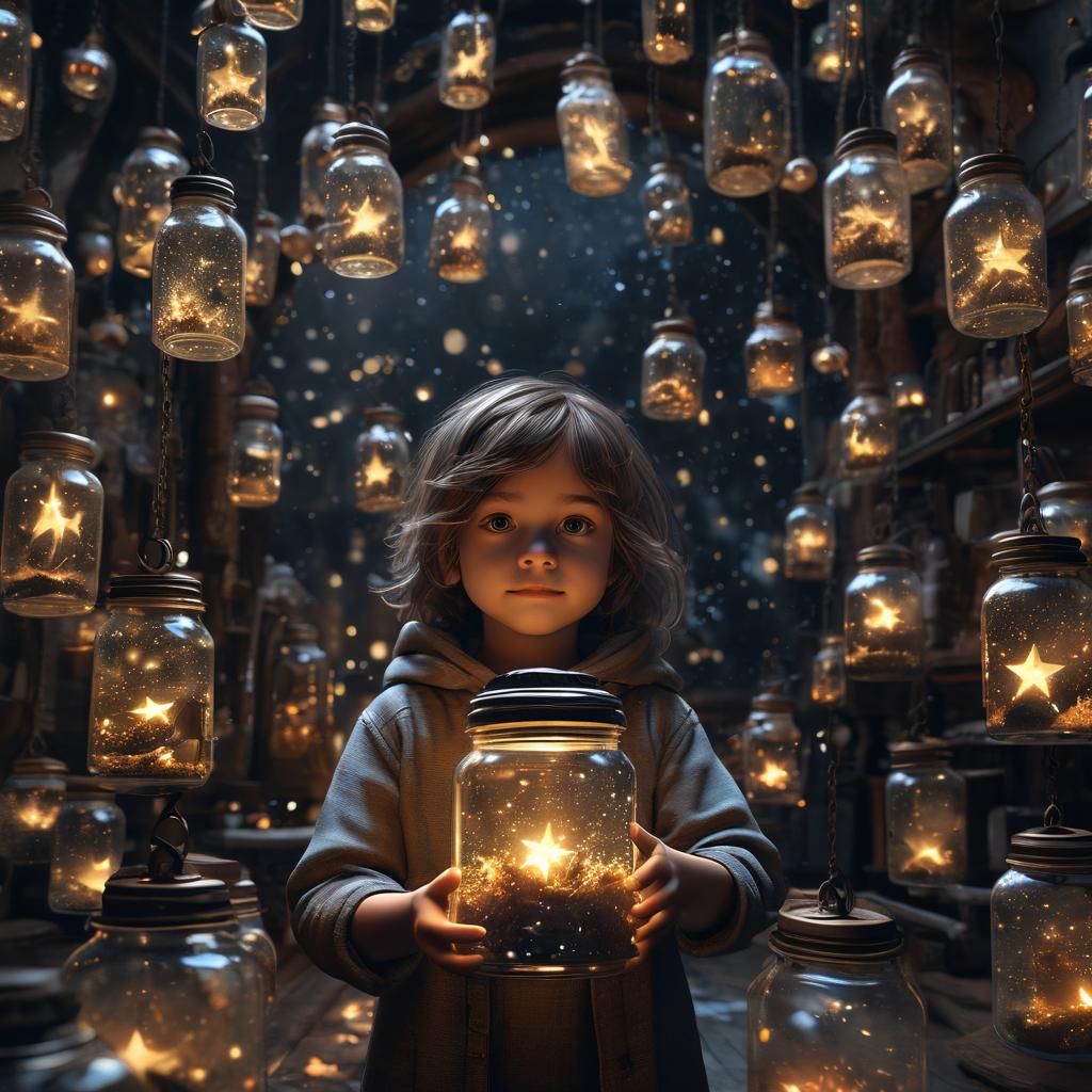 Child Releases Stars from Jar into Night Sky