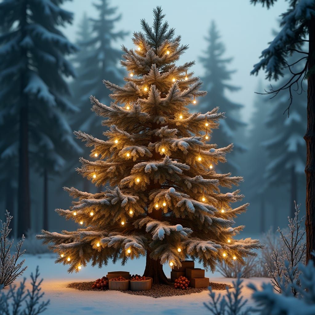 Snowy Pine Tree in Forest Clearing with Fairy Lights