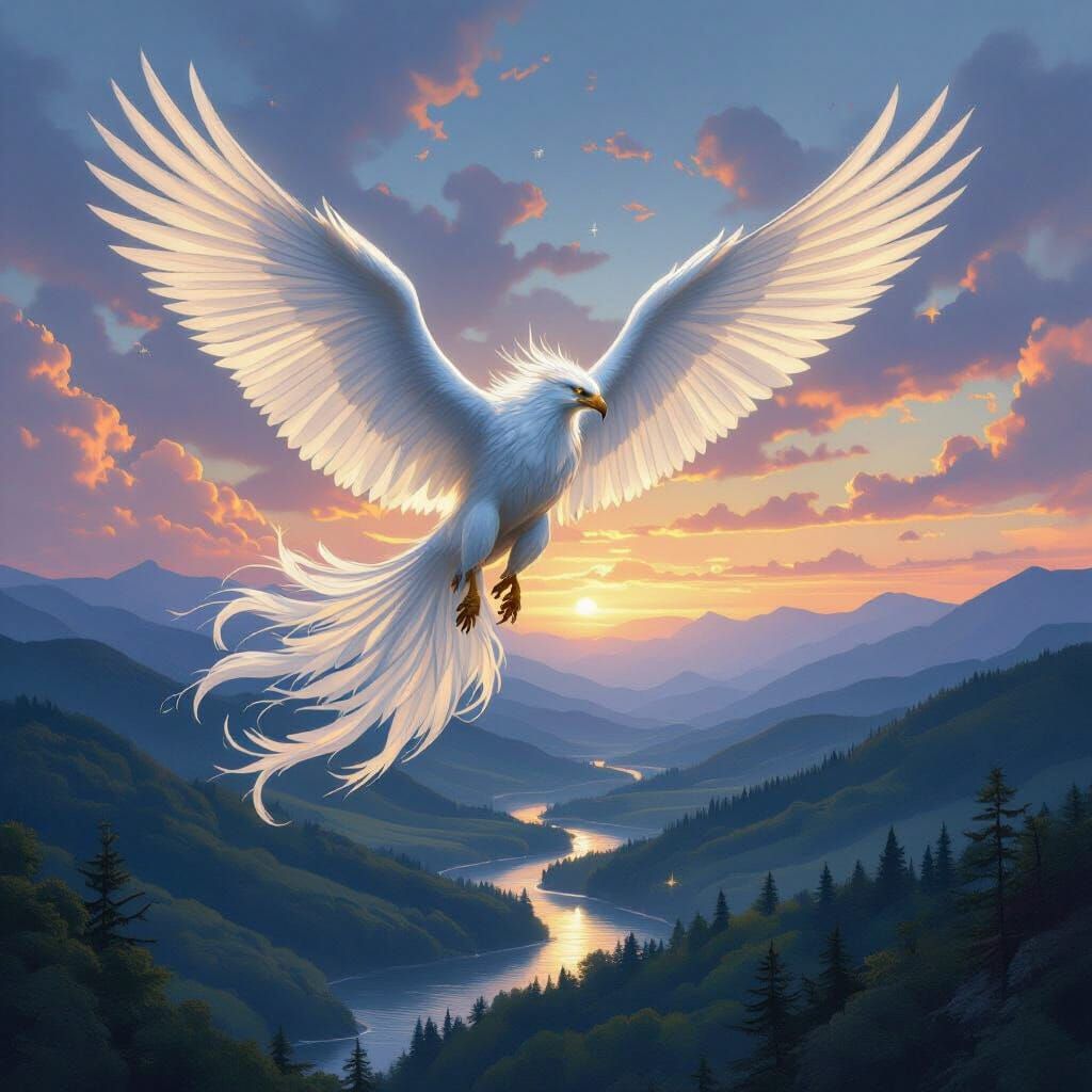 Griffin Soaring Through Twilight Sky, Art Nouveau Style