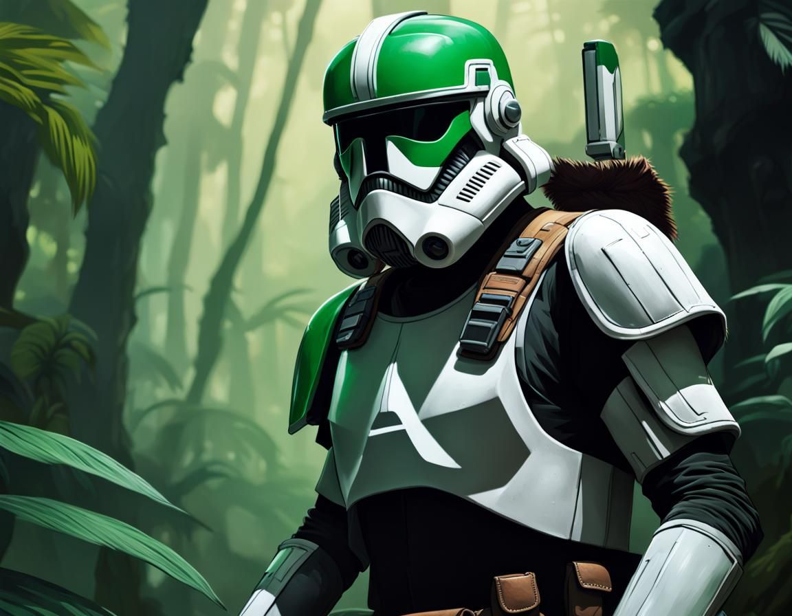 Green Armored Scout Trooper in Jungle, Hyperrealistic Art