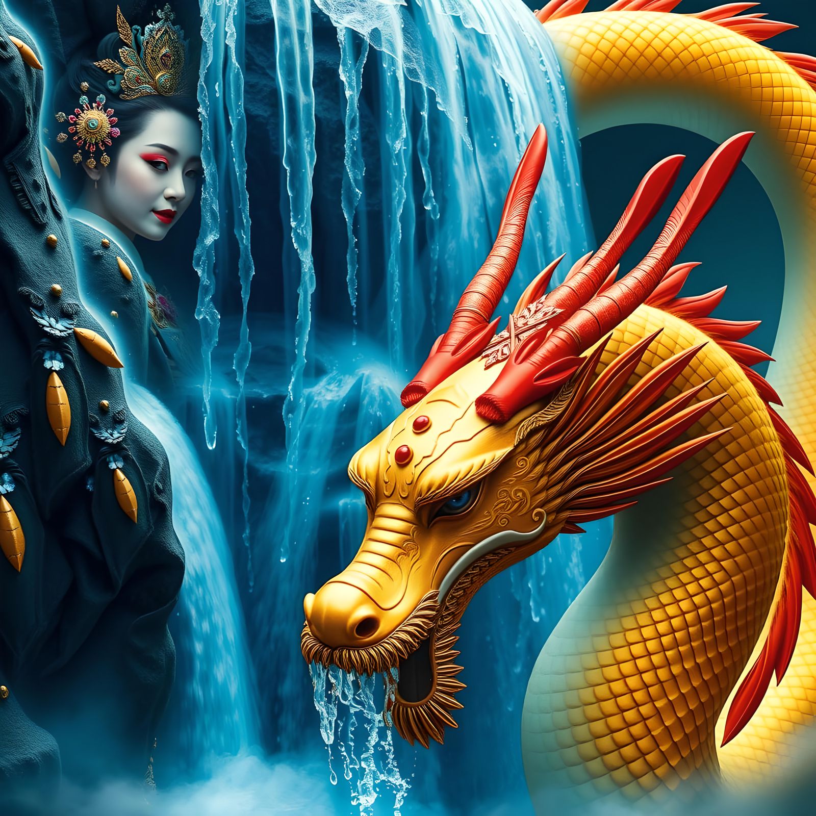 Laotian Geisha Mountain Waterfall in Vibrant Colors