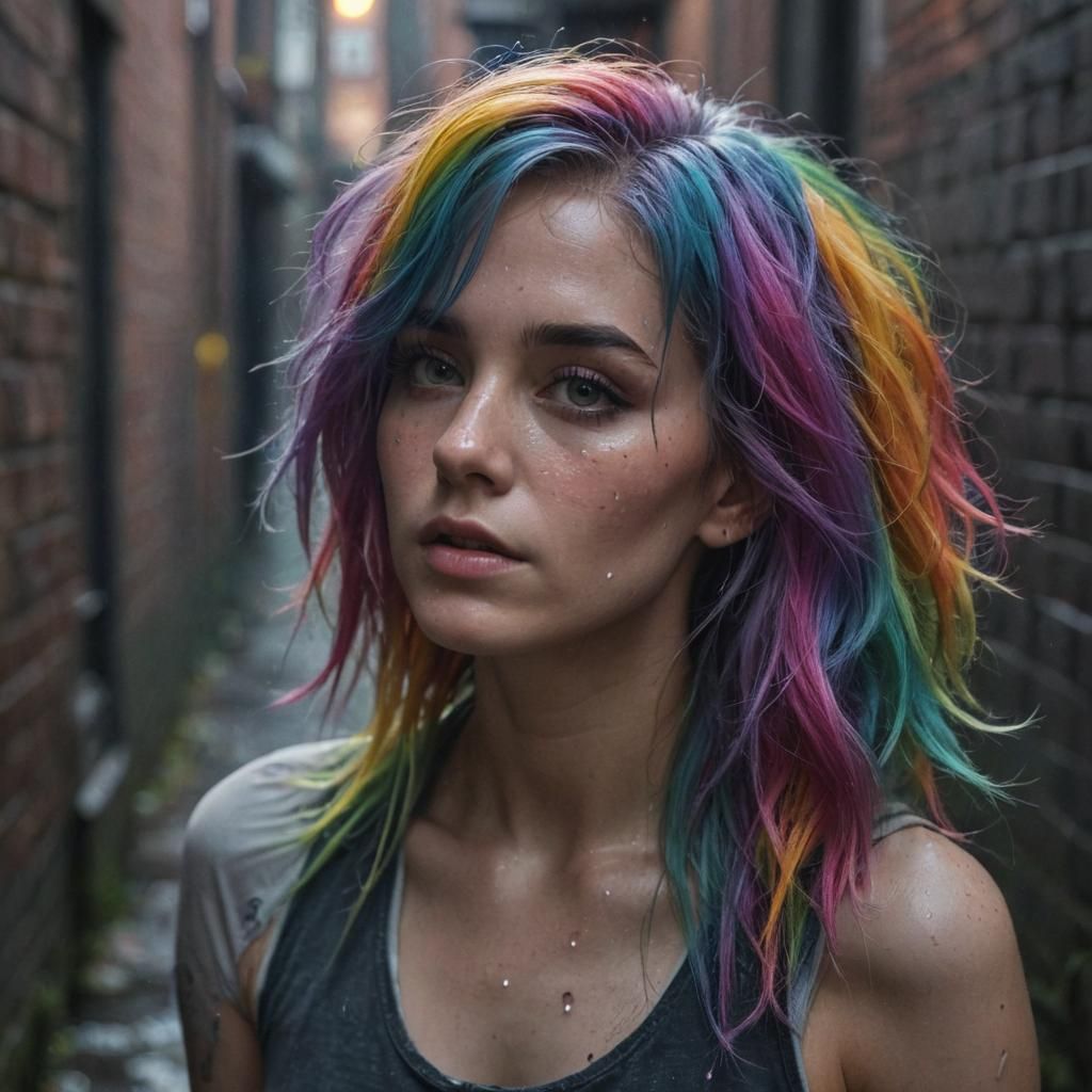 Rainbow-Haired Girl in Misty Alley: Hyperrealistic Portrait