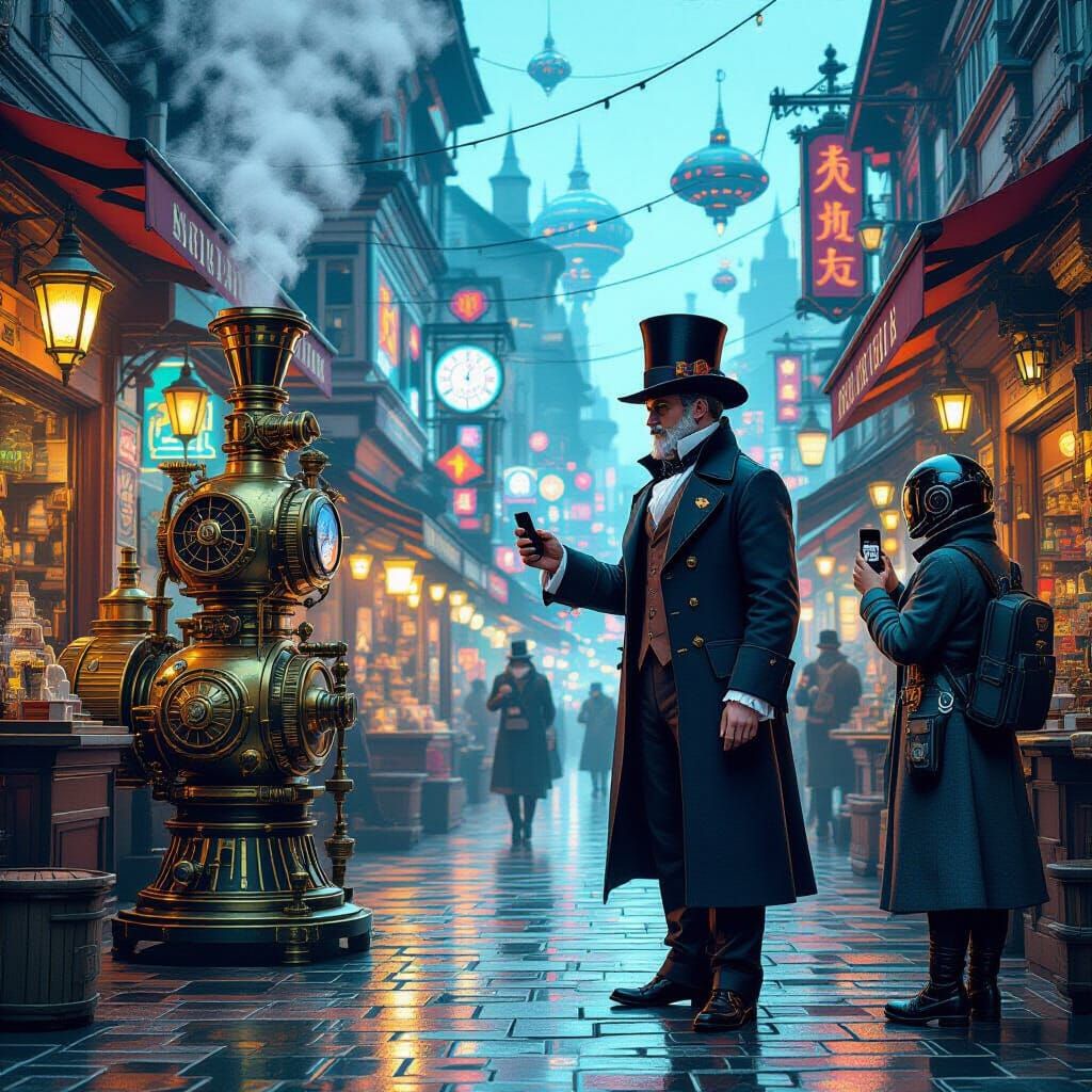 Victorian Inventor Trades with AI Merchant in Futuristic Cit...