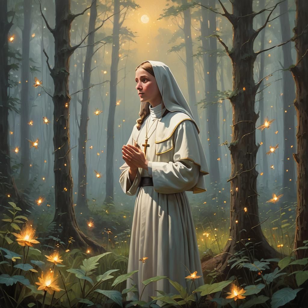 Nun Sings to Forest Creatures in Ethereal Oil Painting