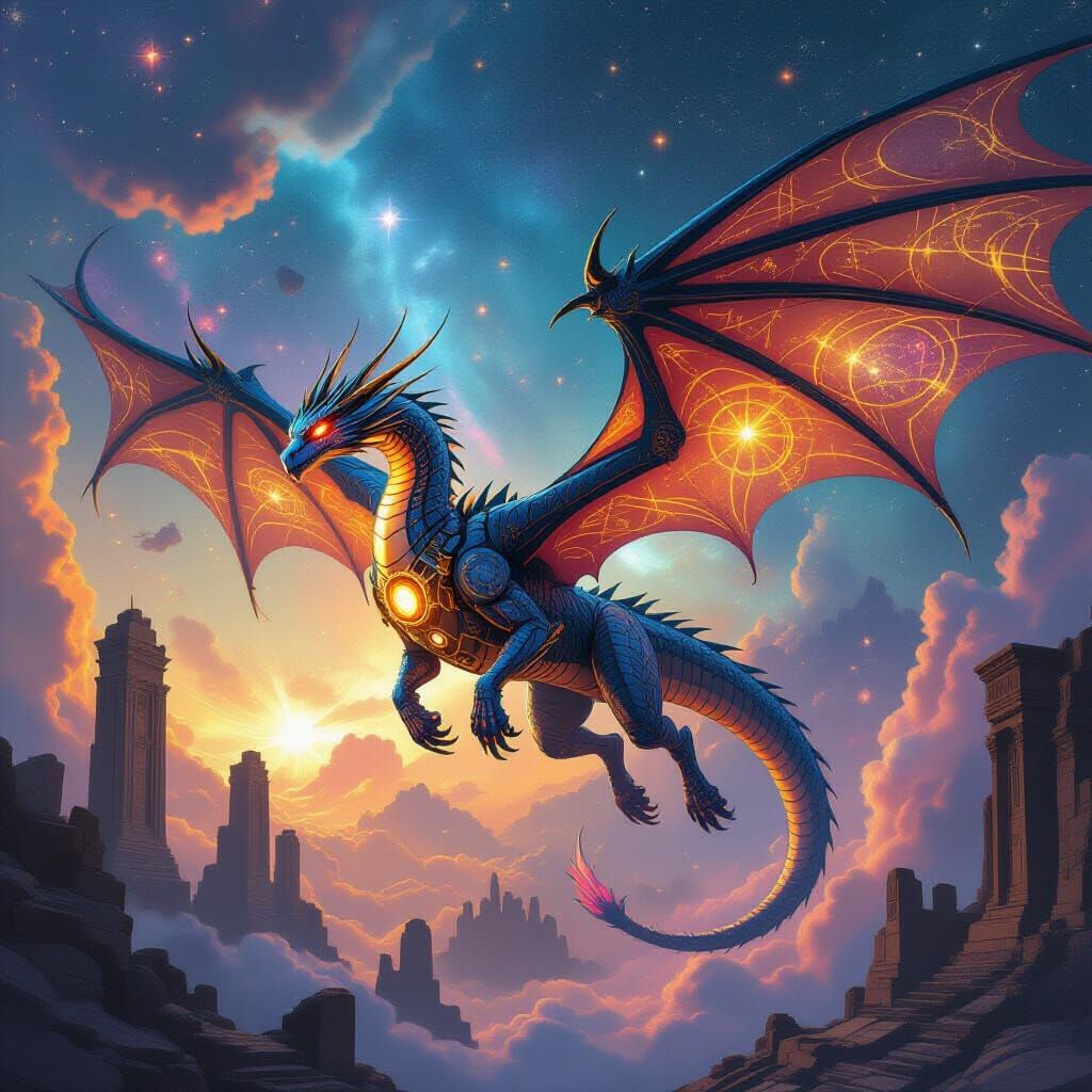 Clockwork Dragon Soaring Through a Nebula in Digital Art