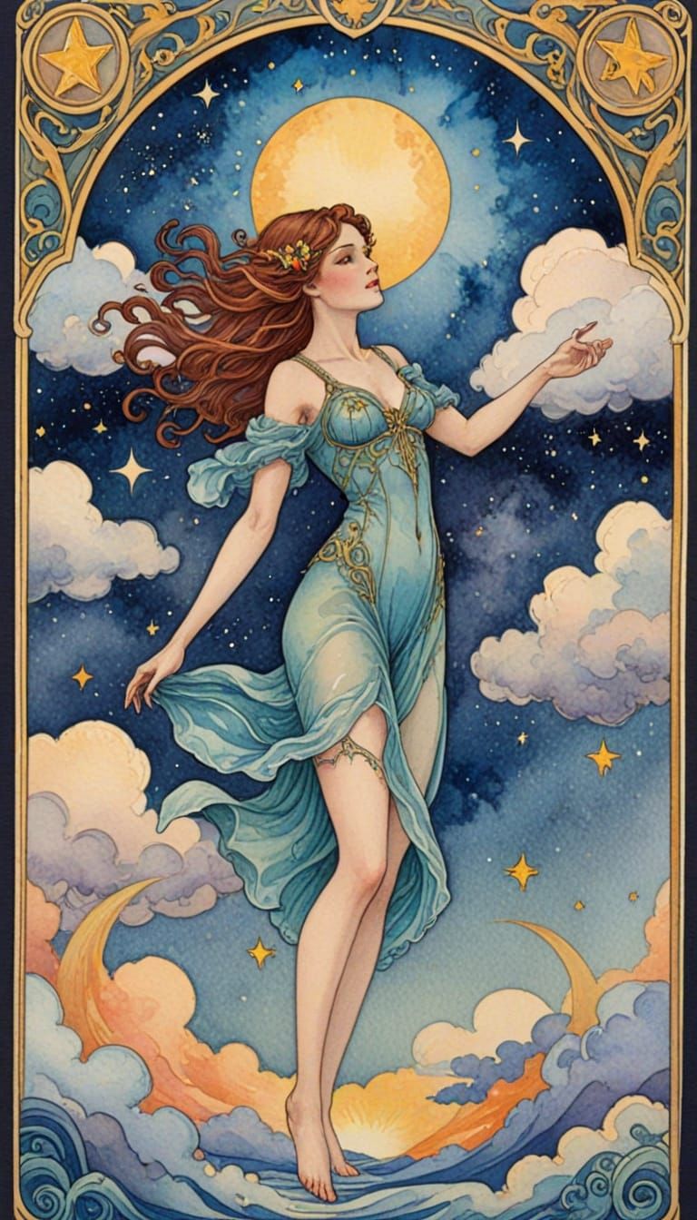 Dreamy Art Nouveau Tarot Card in Watercolour Sky