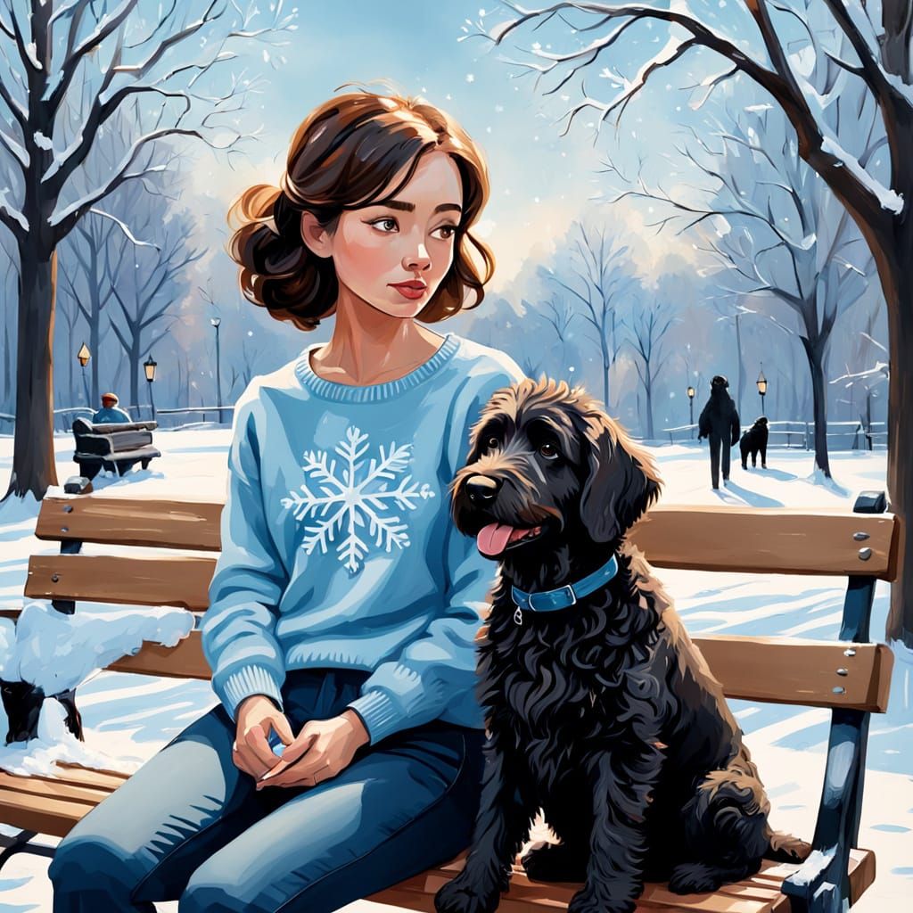 Girl with Dogs in Winter Park, Gouache Style