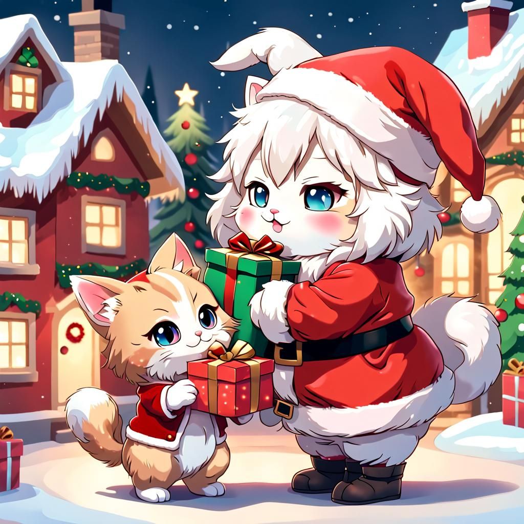 Chibi Santa Rabbit Giving Gift to Cat