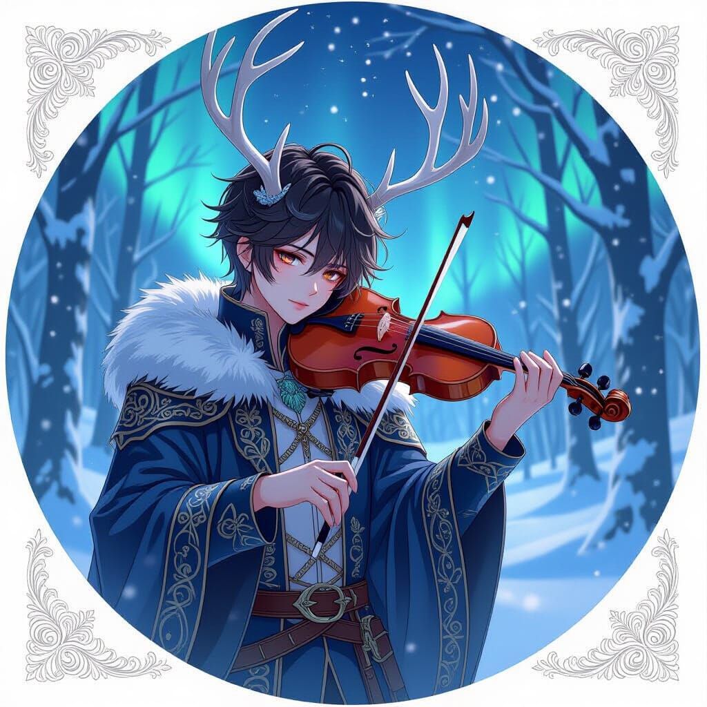 Anime Bishounen with Antlers Playing Violin in Snowy Forest