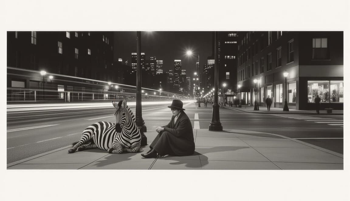 Eerie Poet with Zebra in Surreal Cityscape
