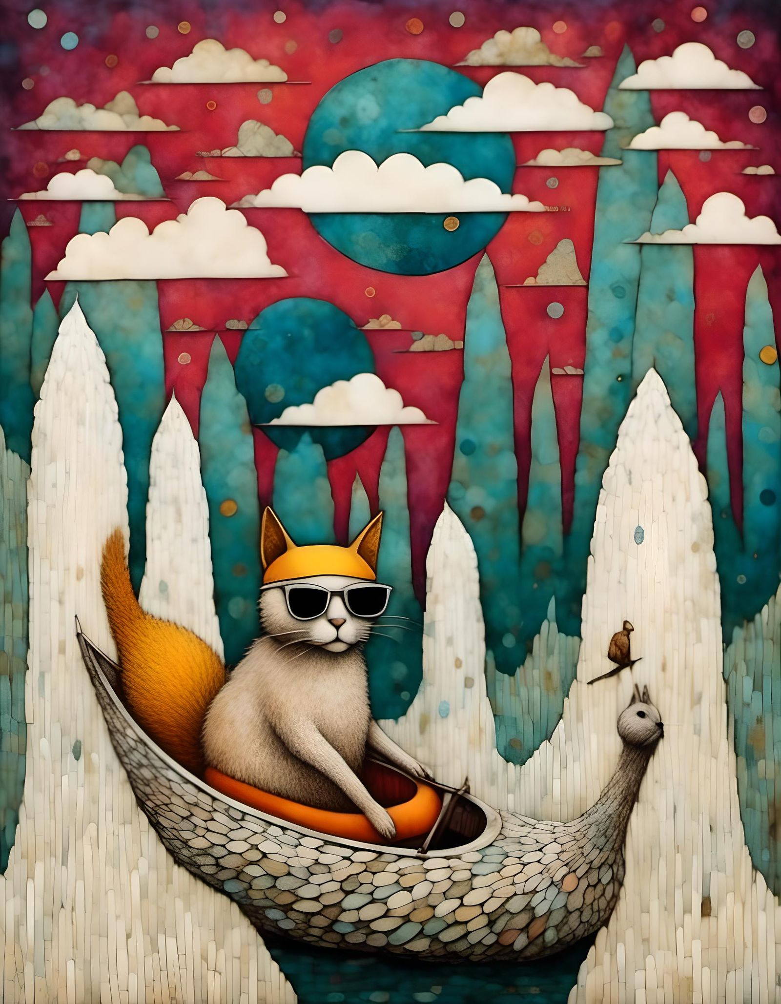 Cat in a Swan floatie flating downriver. Whimsical encaustic andy kehoe mixed media collage cat in sunglasses and squirr...