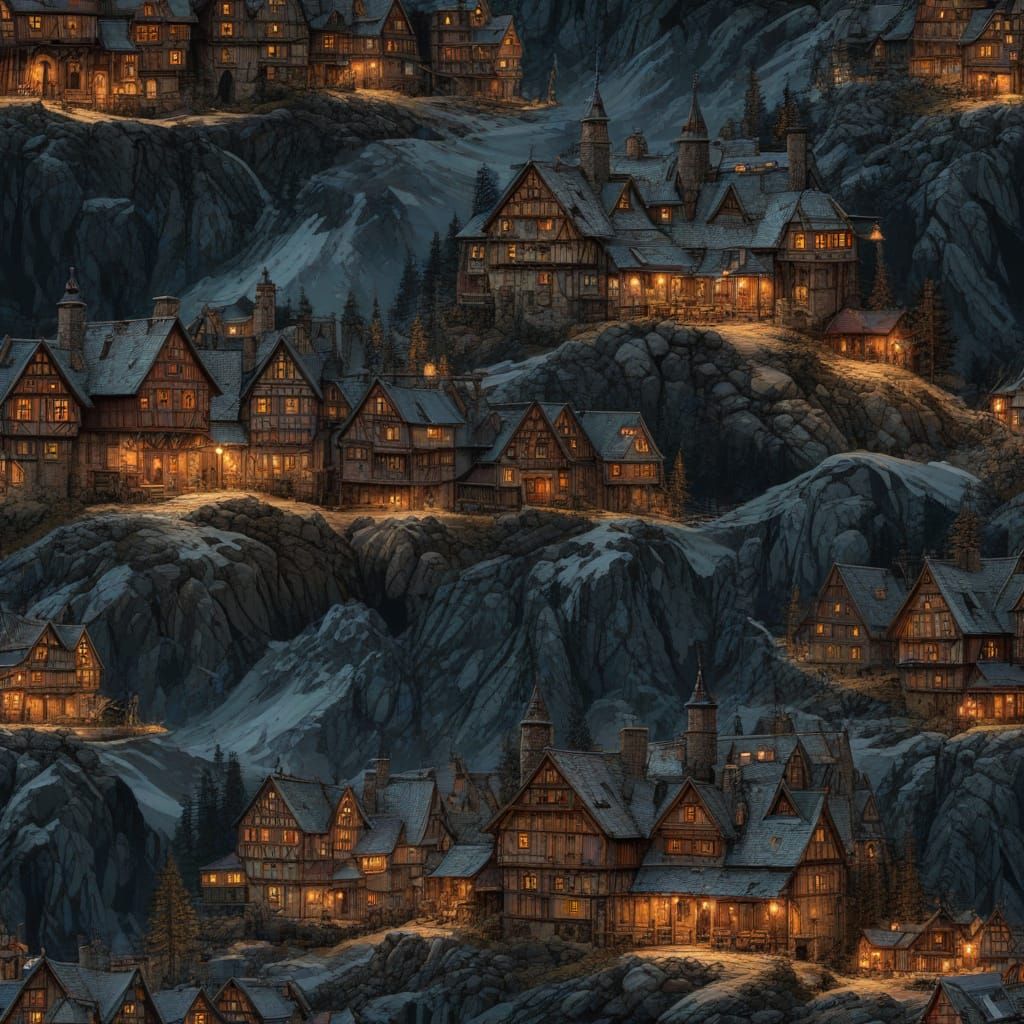 Whimsical Fantasy Village in a Dramatic, High-Contrast Lands...