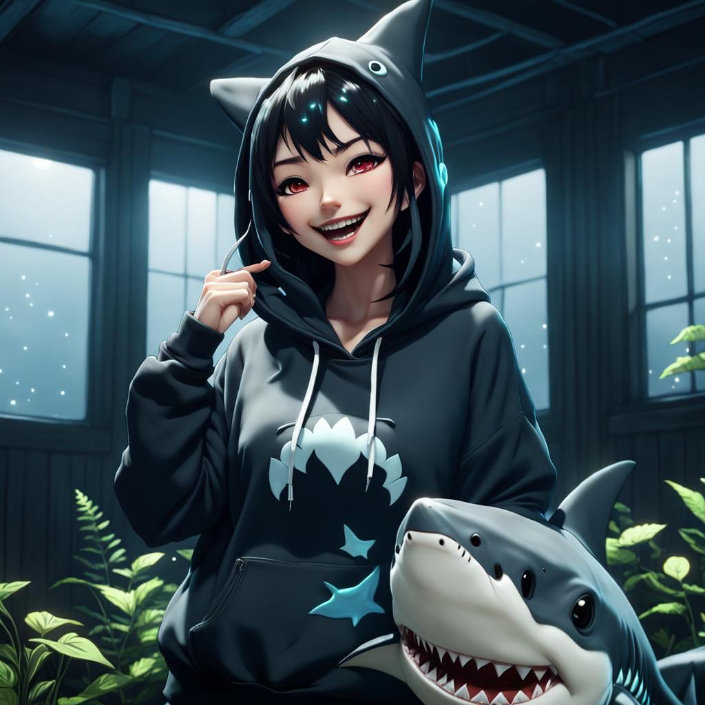 Anime Girl in Shark Hoodie Under Moonlit Sky