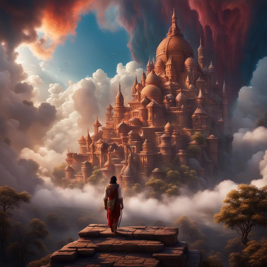 Native American Woman Points to Fantasy Clouds