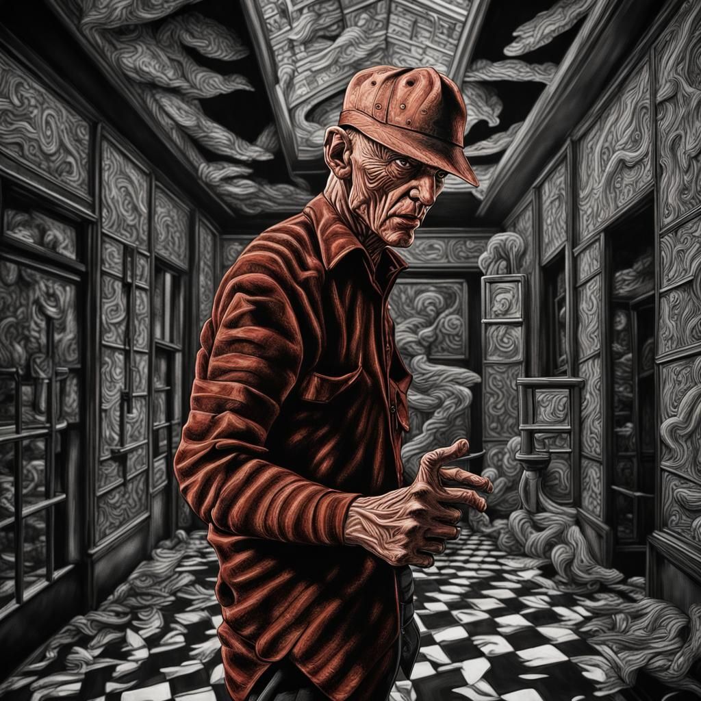Hyperrealistic Freddy Krueger in Escher-esque Dreamscape