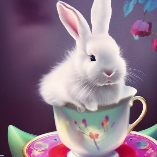 Colorful Bunny Portrait in Teacup Digital Art