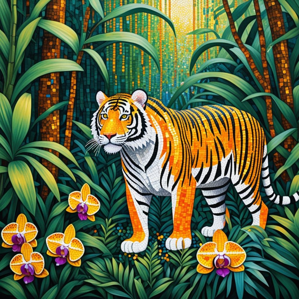 Glass Bead Tiger in Jungle, Mosaic Pointillism Art