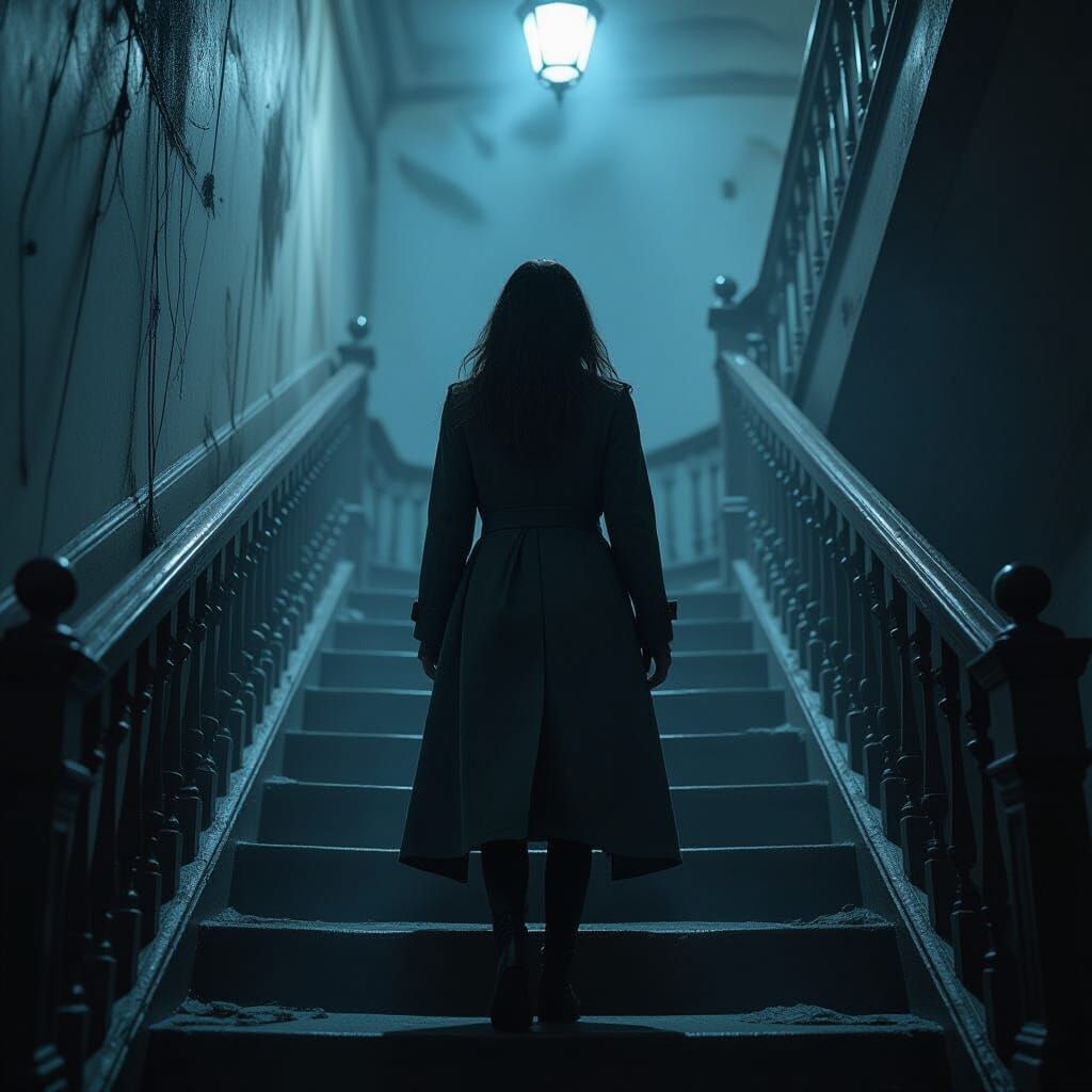 Woman at Top of Dark Staircase, Gritty Style