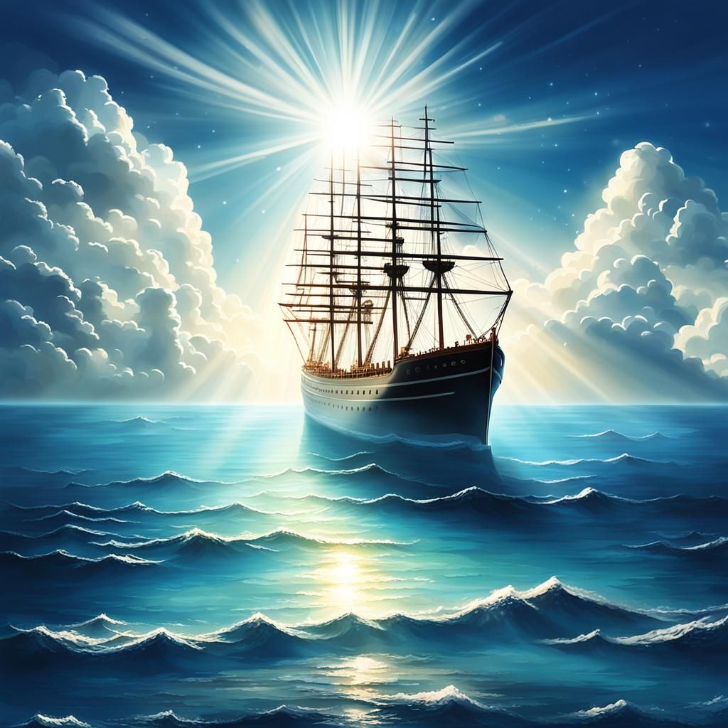 Ship Bathed in Heavenly Light in Deep Sea