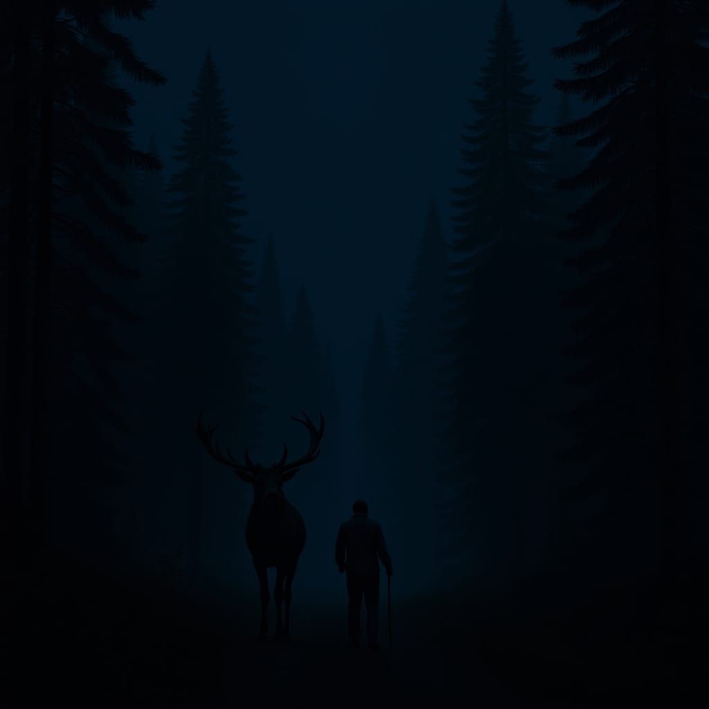 Hunter and Moose in Autumn Fog on Dark Night