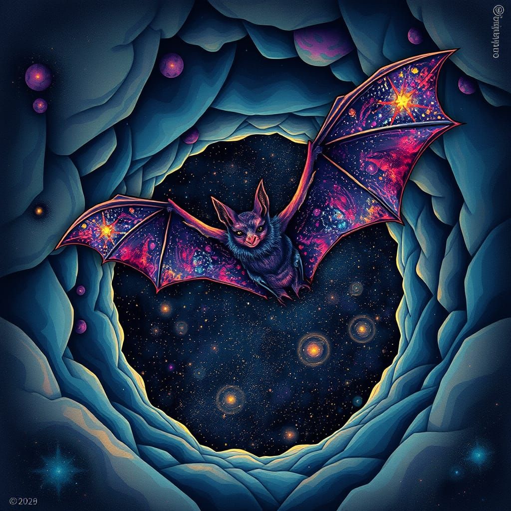 Surreal Cosmic Bat Soars Through Vibrant Galaxies in the Nig...