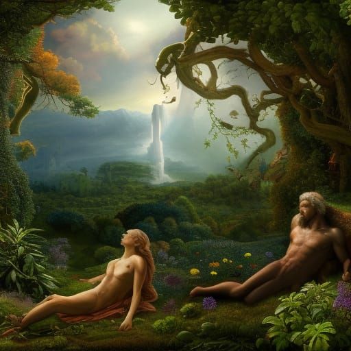Adam and Eve in Eden: Detailed Matte Painting