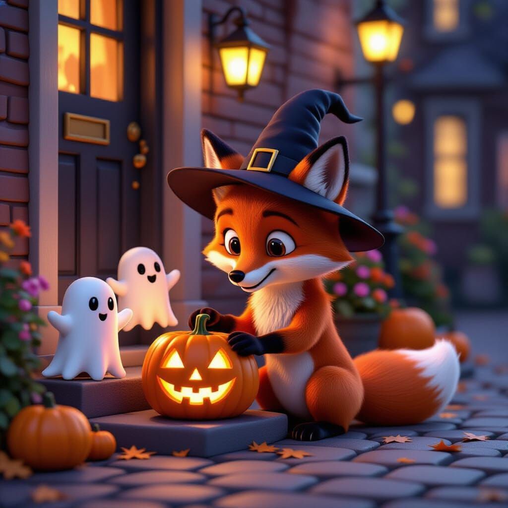Anthropomorphic Fox Greets Halloween Night in 3D Cartoon Sty...