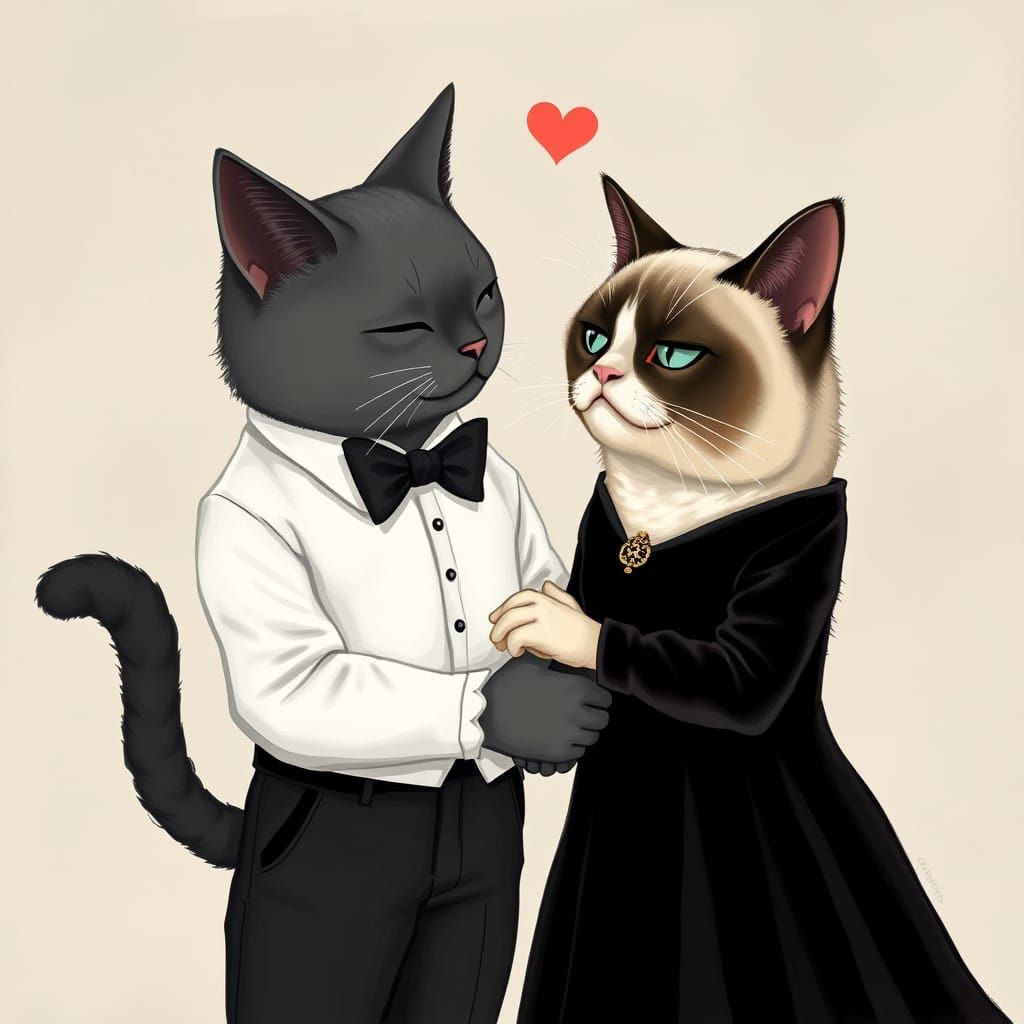 Loving Feline Duet in Whimsical Pastel Scene