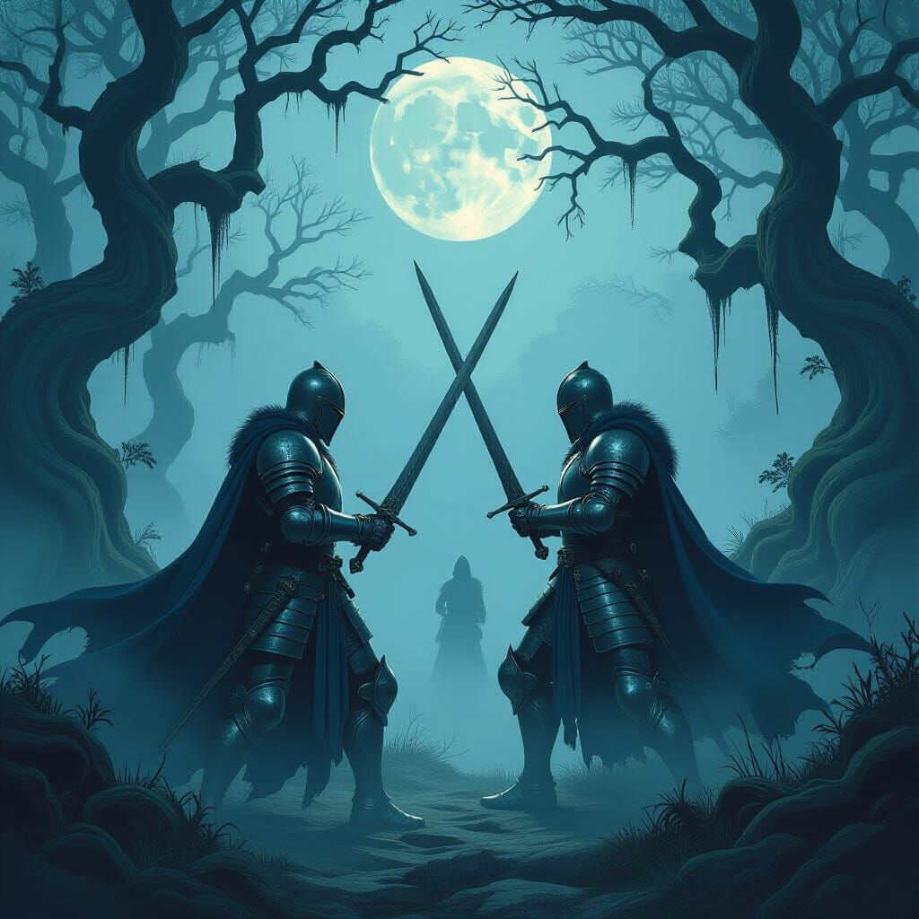 Knights Duel in Misty Forest, Art Nouveau Digital Art